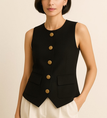 Structured Black Sleeveless Waistcoat with Gold Buttons