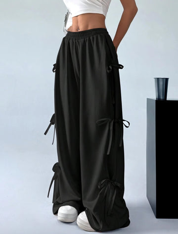 Noir Charm Ribbon Pants