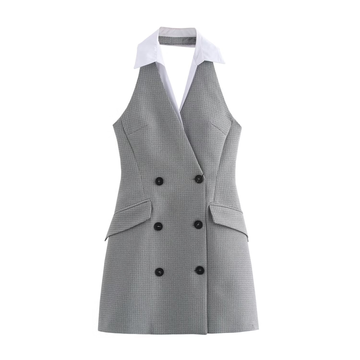 (Fast Delivery) Grey Check Halter Neck Blazer Dress (Fast Delivery) Grey Check Halter Neck Blazer Dress