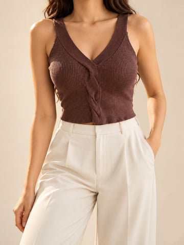 ⚡️(Fast Delivery)Twist Detail Ribbed Knit Crop Top – Mocha Mauve