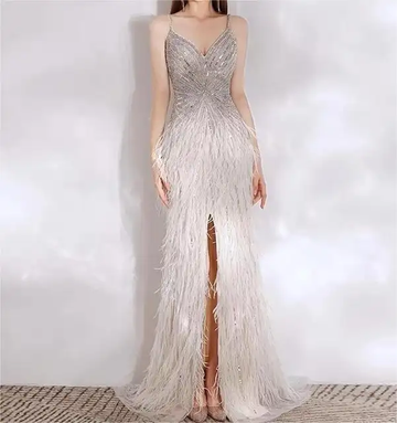 Stunning White and Silver Hand worked Dress with Feathered Bottom