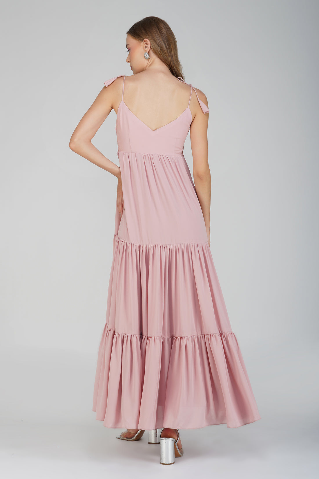 Elegant Pink Maxi Dress with Tie-Up Shoulders and Flared Skirt