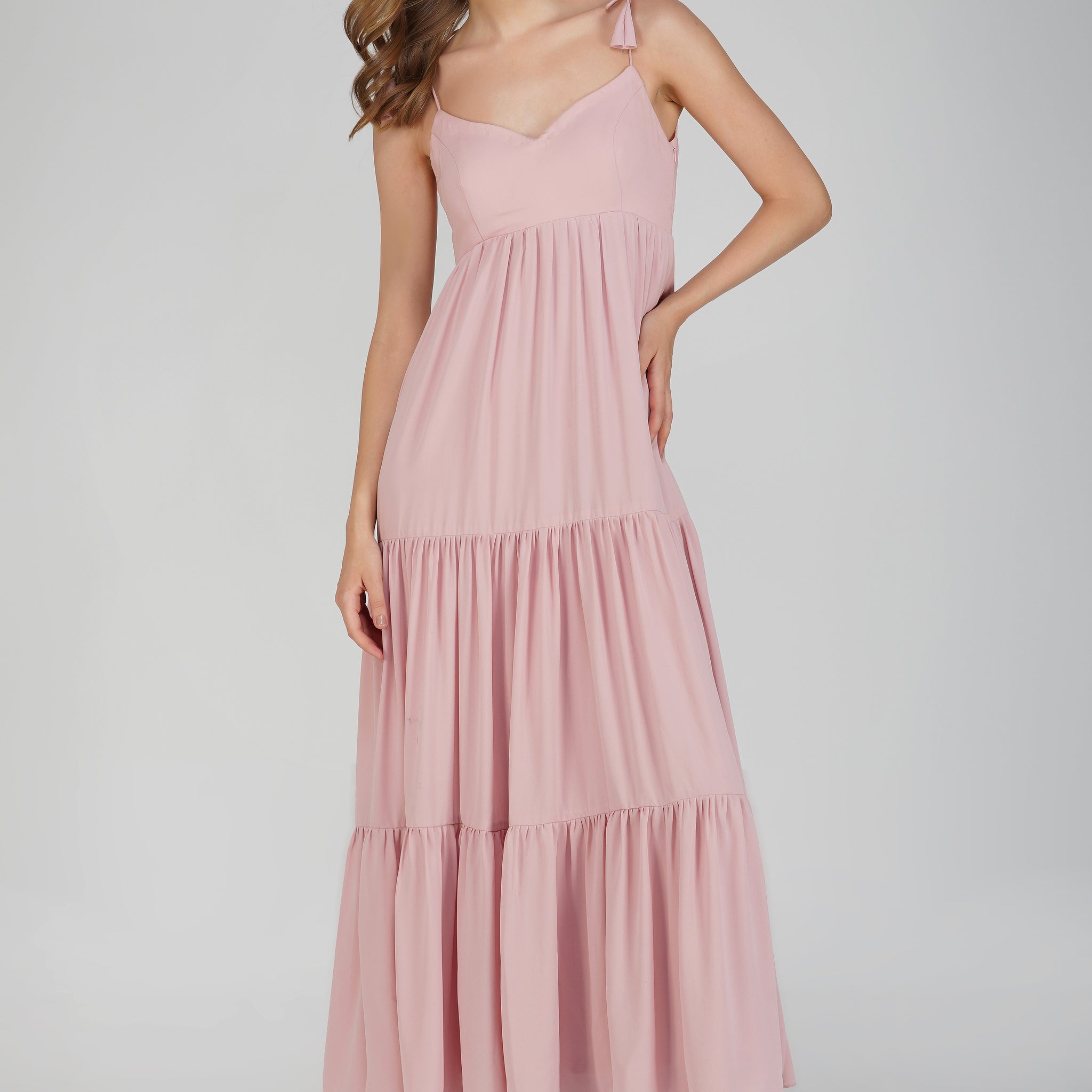 Elegant Pink Maxi Dress with Tie-Up Shoulders and Flared Skirt