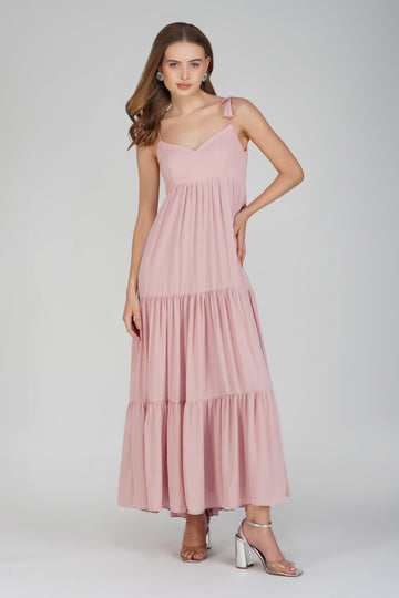 Elegant Pink Maxi Dress with Tie-Up Shoulders and Flared Skirt