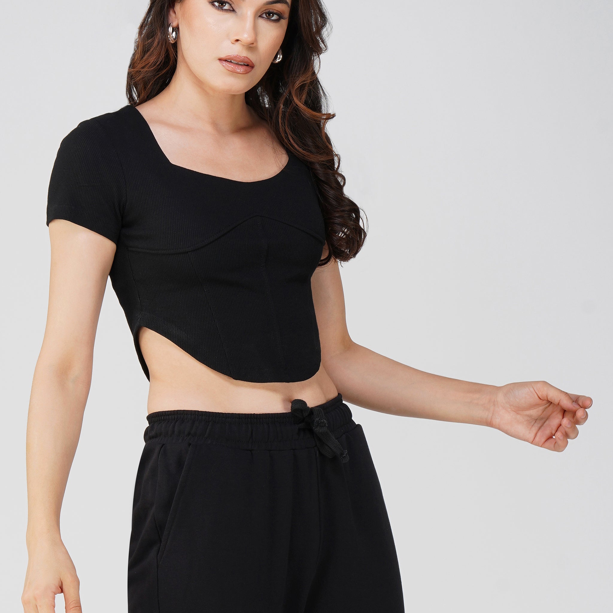 Black Corset-Inspired Crop Tee