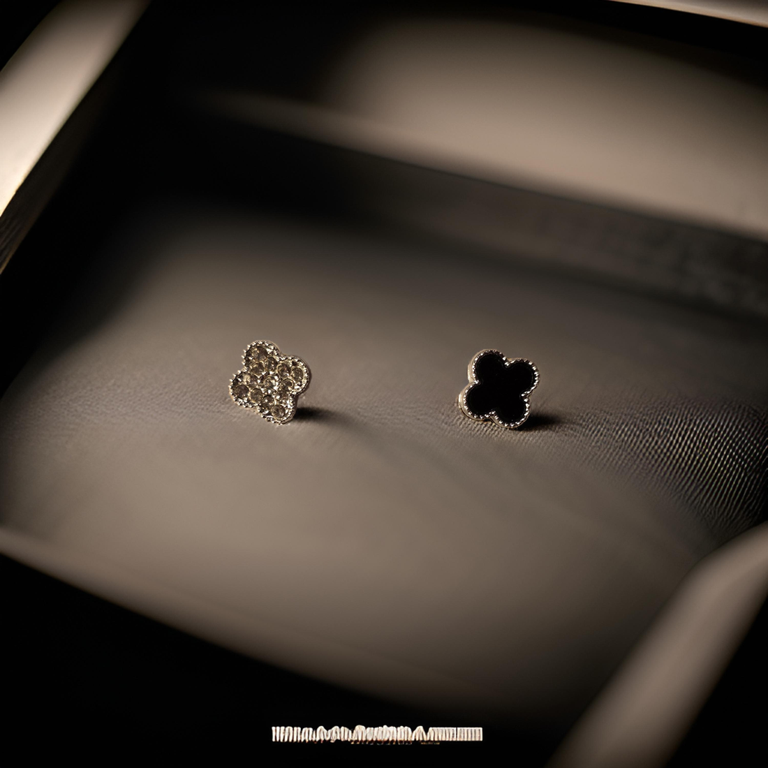 Black and Shimmery Silver Flower-Shaped Small Stud Earrings - Unique Elegance