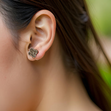 Black and Shimmery Silver Flower-Shaped Small Stud Earrings - Unique Elegance