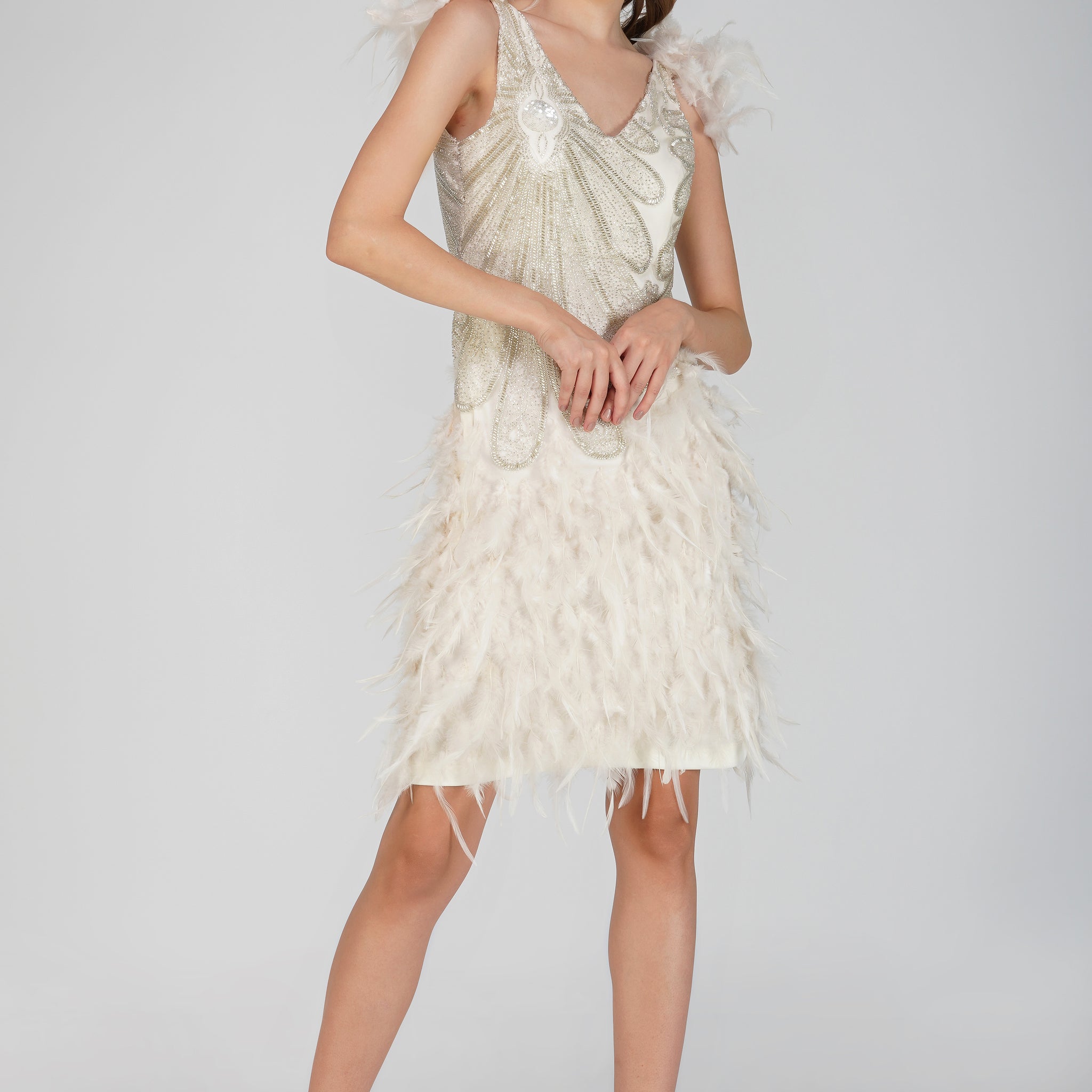 Golden Shimmer One-Piece Dress with Feather Accents