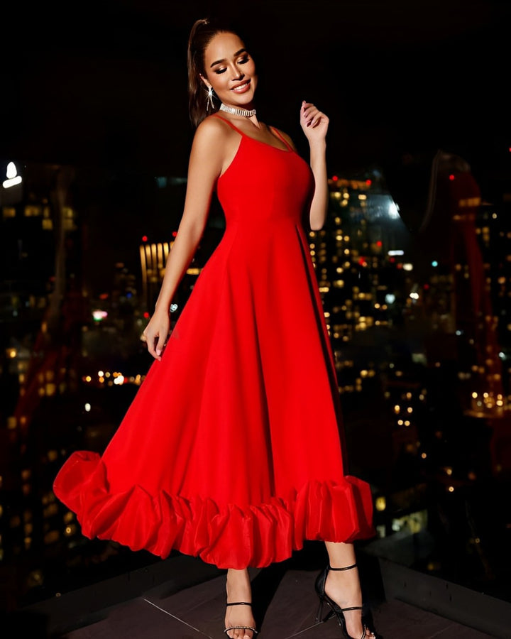 Red Midi Dress – Flared Elegance