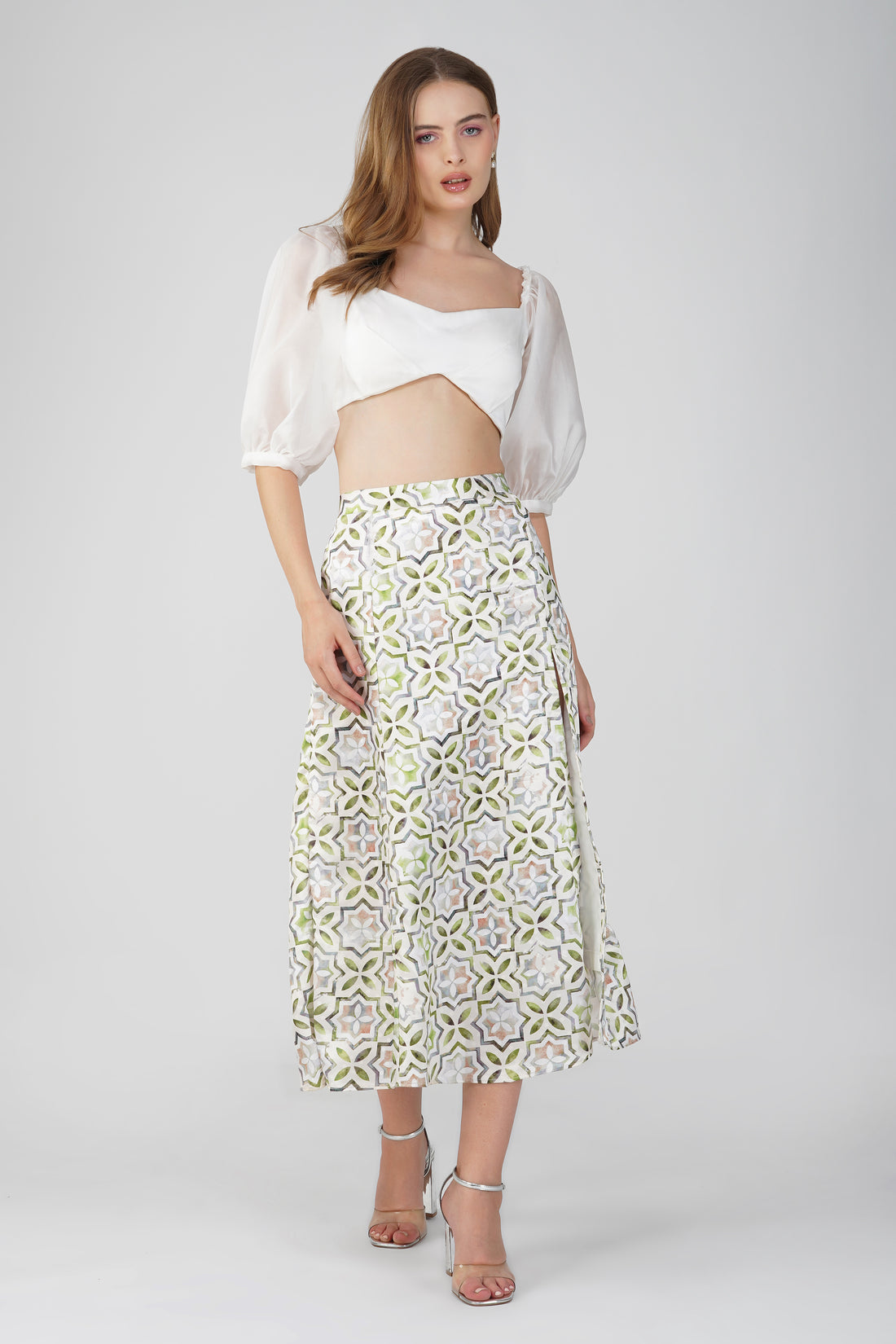 Stylish Two-Piece Set: White Crop Top with Printed Skirt