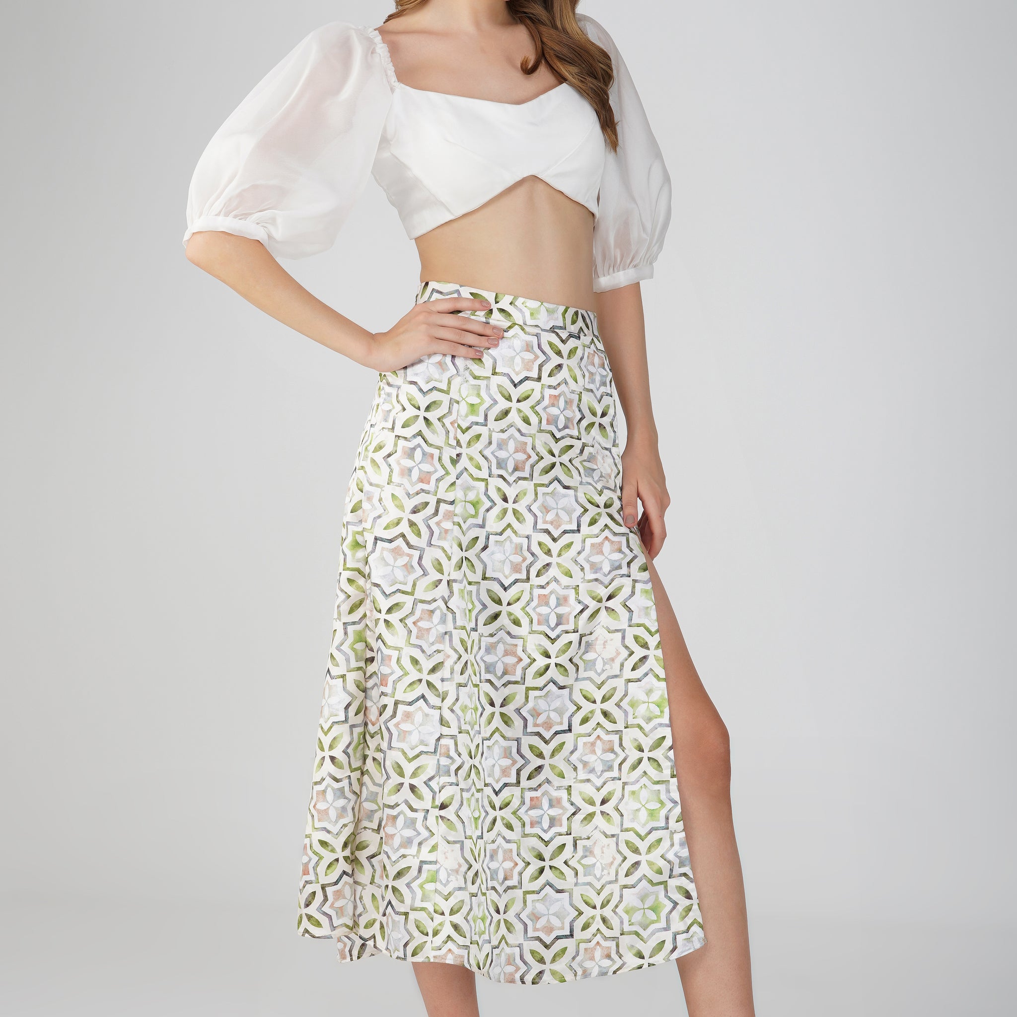 Stylish Two-Piece Set: White Crop Top with Printed Skirt