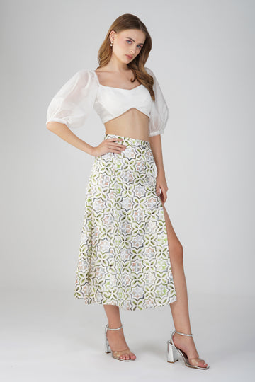 Stylish Two-Piece Set: White Crop Top with Printed Skirt