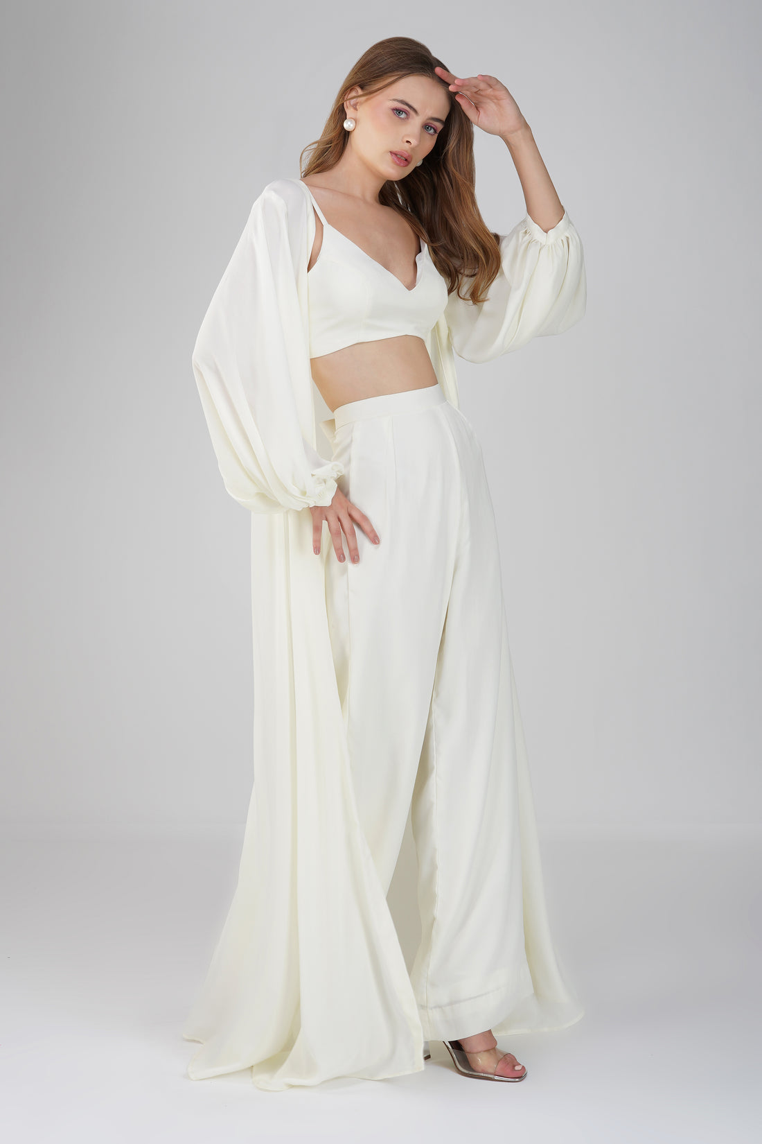 Elegant White Three-Piece Set with Crop Top, Shrug, and Pants