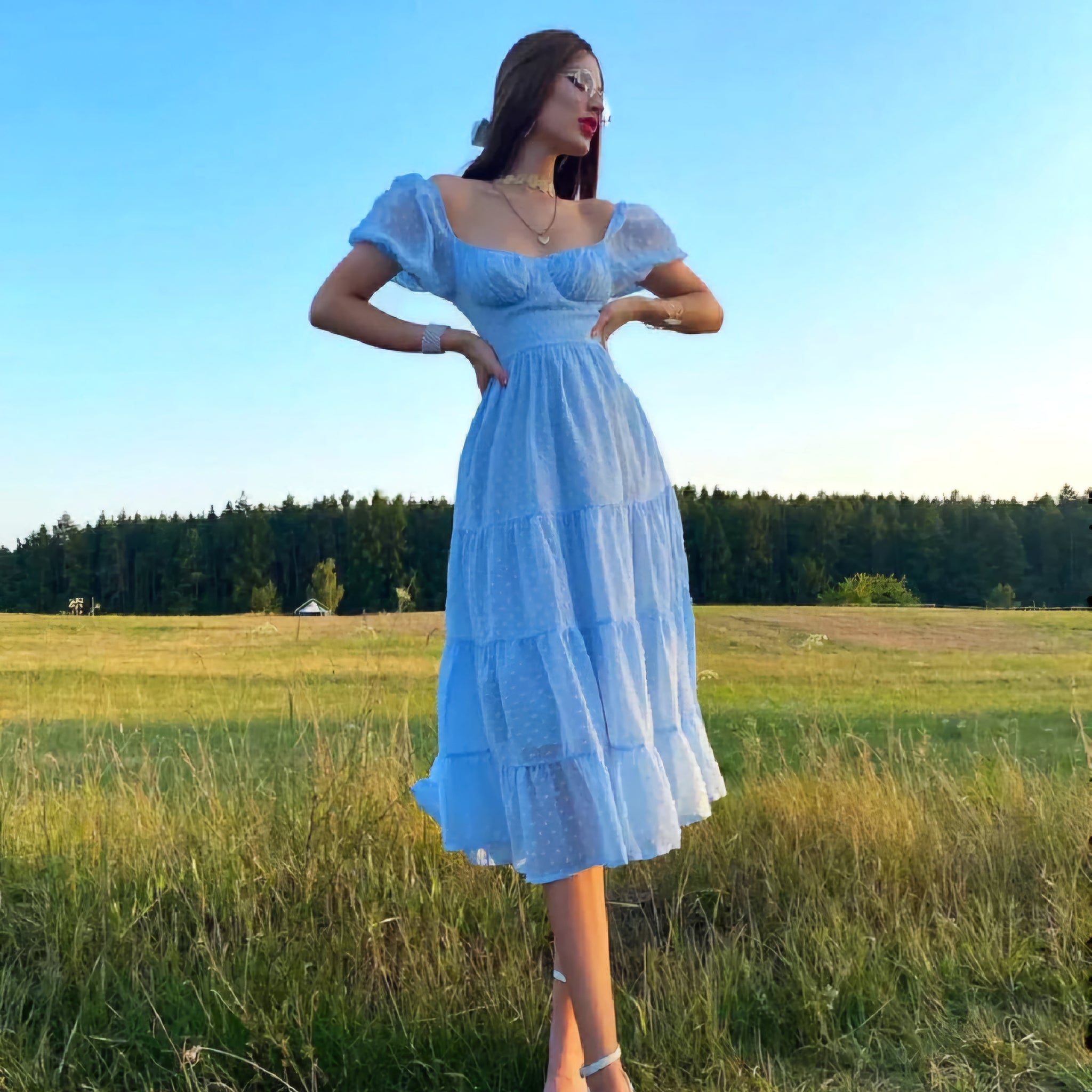 Adorable Blue Flairy Midi Dress – Korean-Inspired Charm