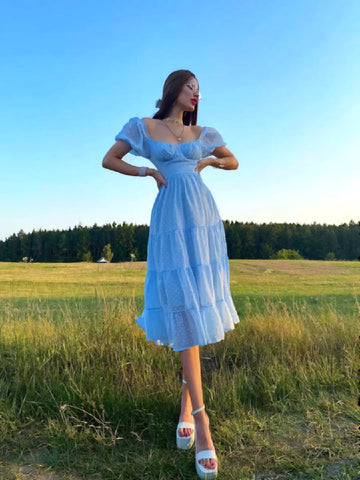 Adorable Blue Flairy Midi Dress – Korean-Inspired Charm