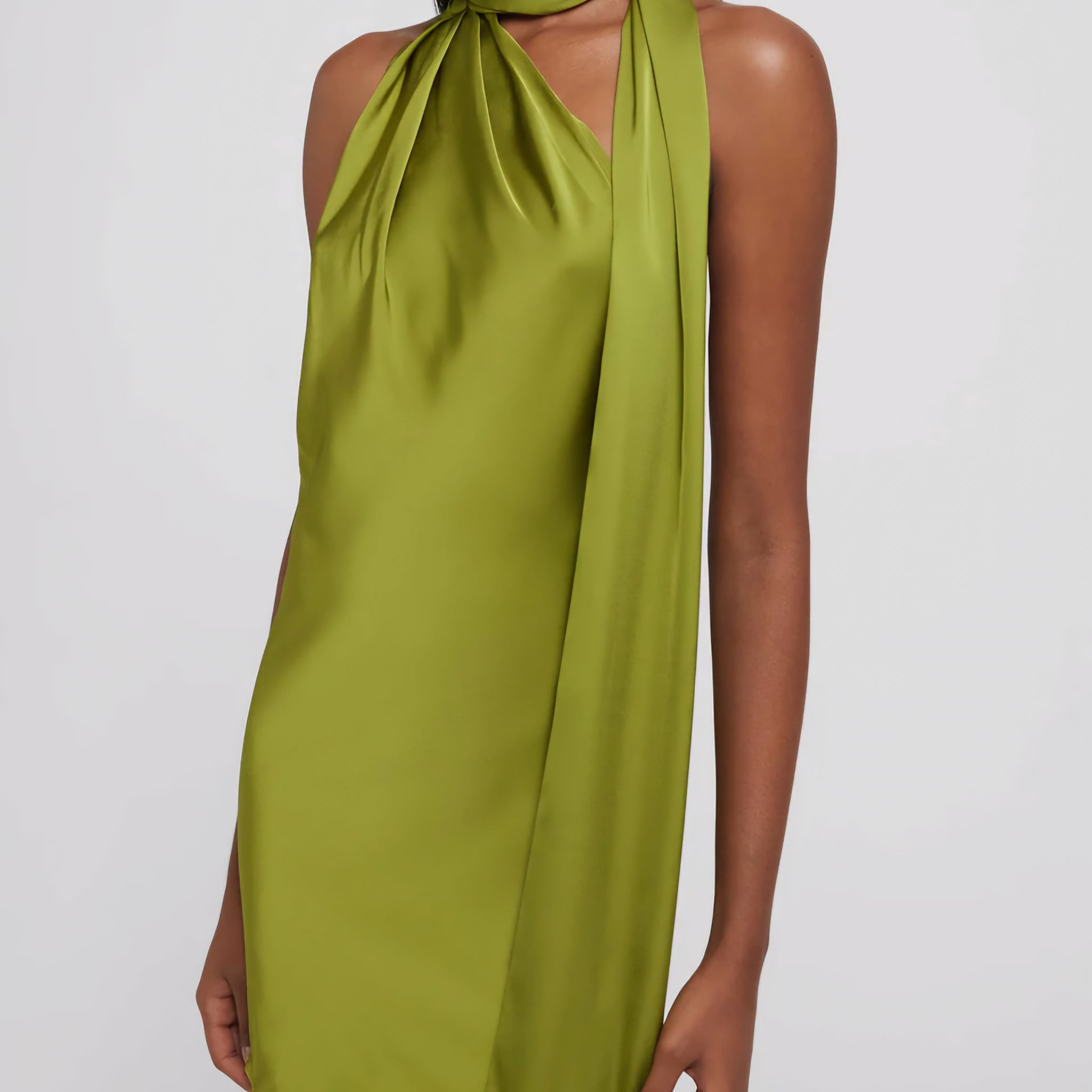 Olive Luxe Satin Halter Dress (Fast ⚡delivery available)