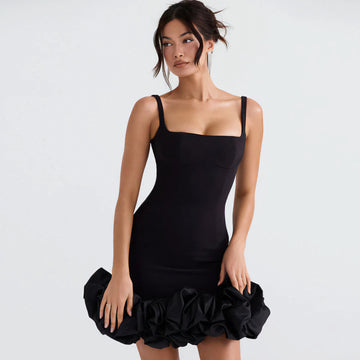 Feminine Black One-Piece Dress with Ruffled Trim – Elegance Redefined (Fast ⚡️ Delivery Available)