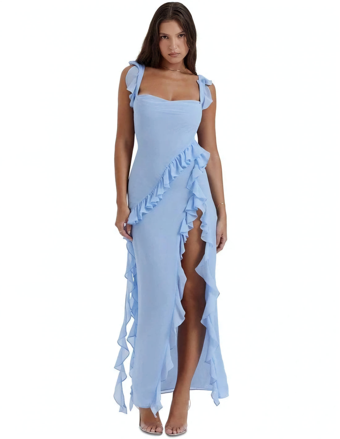 Elegant Blue Ruffled Chiffon Maxi Dress – Effortlessly Chic