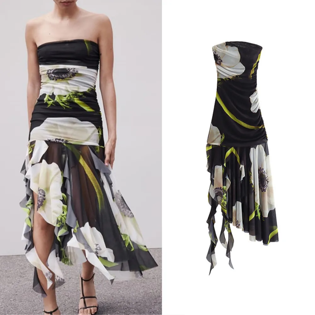 ⚡️(Fast Delivery) Floral Mesh Strapless Ruffled Midi Dress