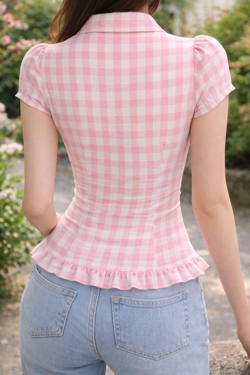 Pink Gingham Peplum Top