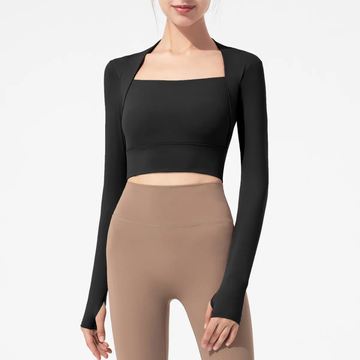 ⚡️(Fast Delivery) Elegant Crop Top Black with Sleeve Detail (with removable pads)