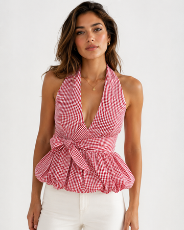 ⚡️(Fast Delivery) Gingham Halter Peplum Top