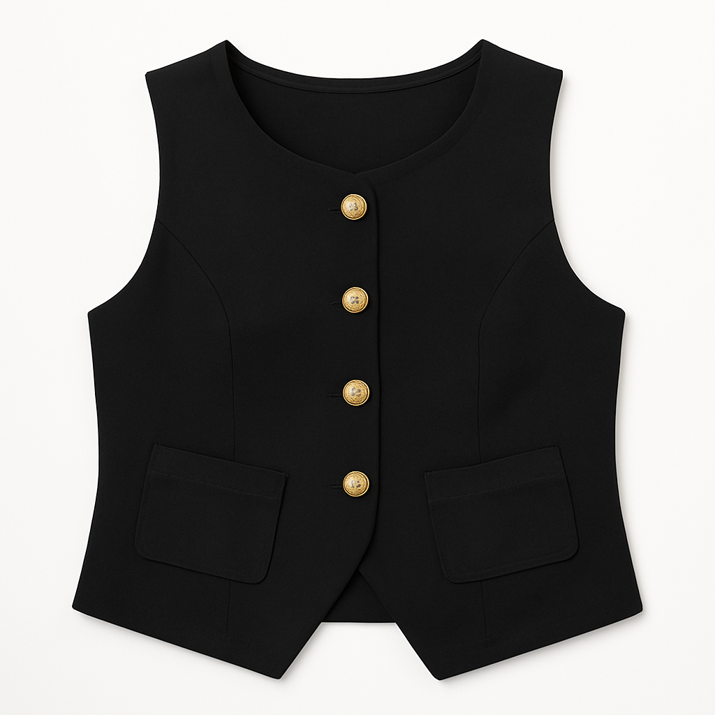 Structured Black Sleeveless Waistcoat with Gold Buttons