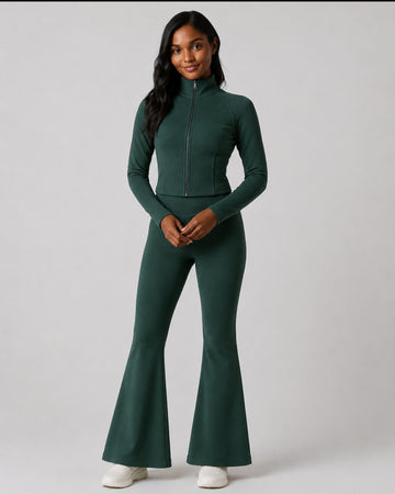 ⚡️(Fast Delivery)Power Sculpt Jacket & Flared Leggings Set - Dark Green