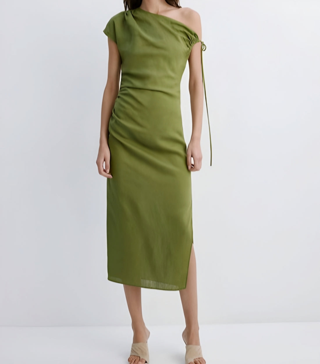 ⚡️(Fast Delivery) Olive One-Shoulder Ruched Midi Dress
