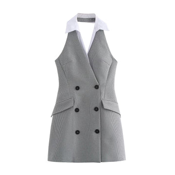 ⚡️(Fast Delivery) Grey Check Halter Neck Blazer Dress