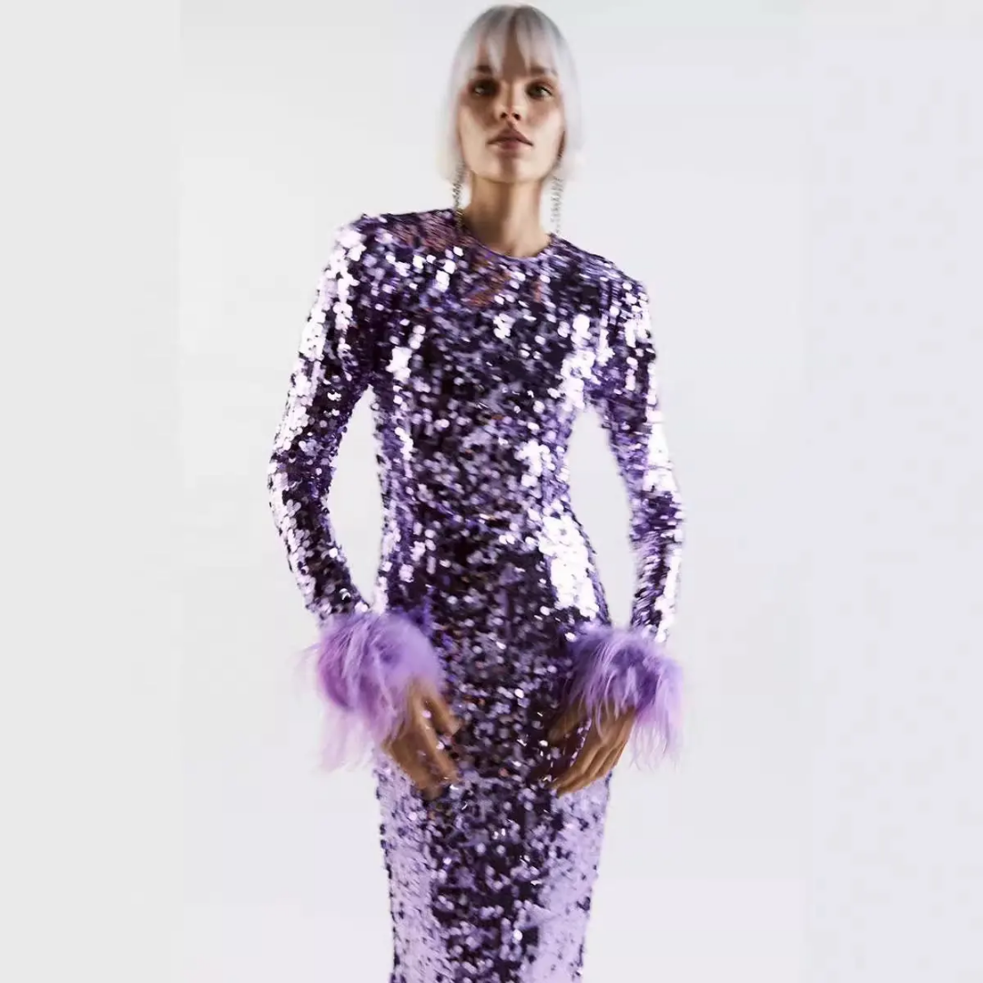 Lavender Luxe Sequin Dress with Feather Cuffs