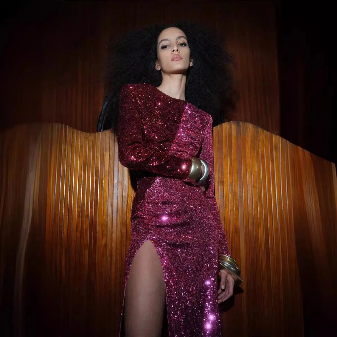 Glam Slit Sequin Gown in Wine & Fuchsia