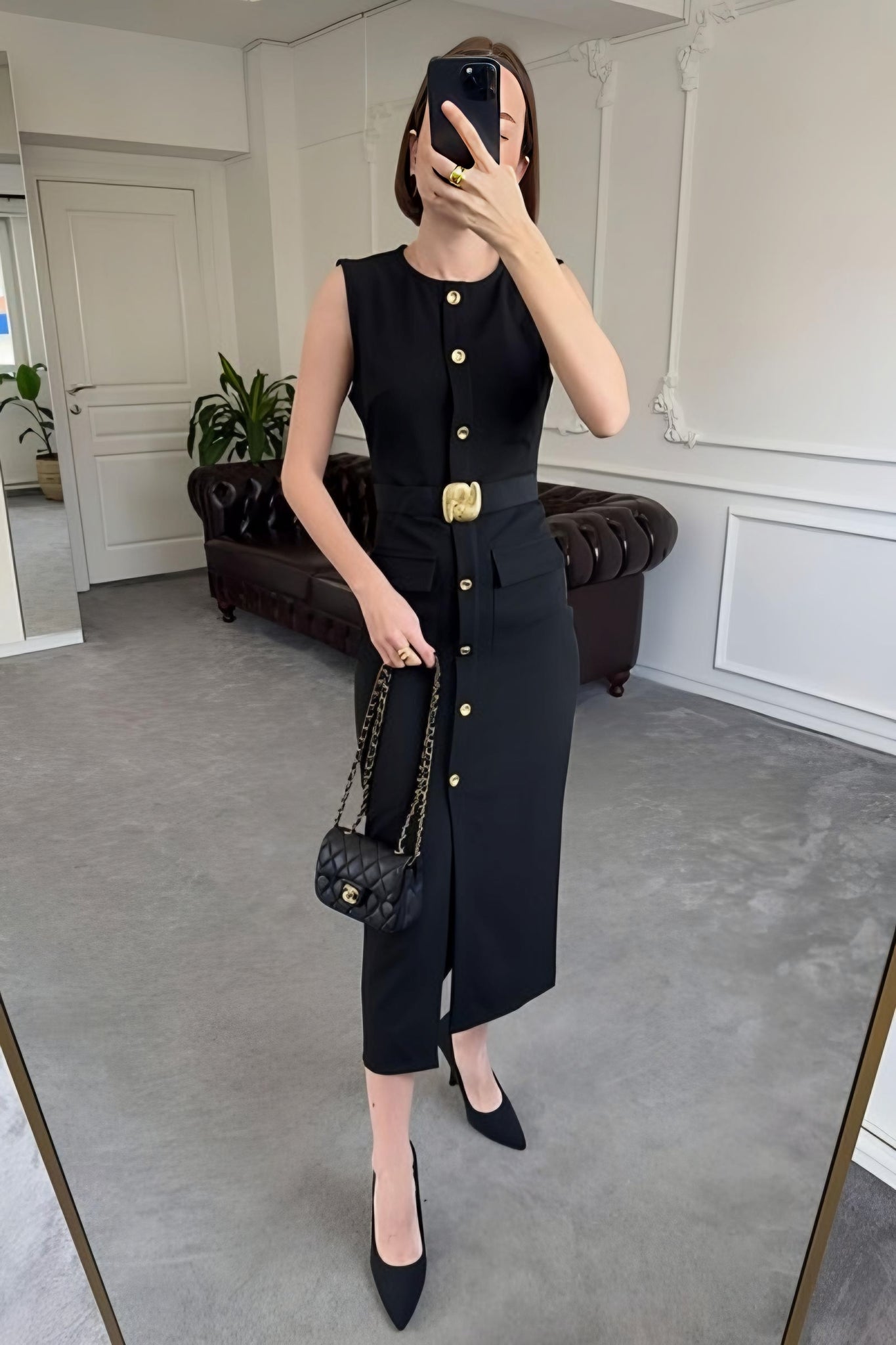 Luxe Noir Gold-Button Belted Dress
