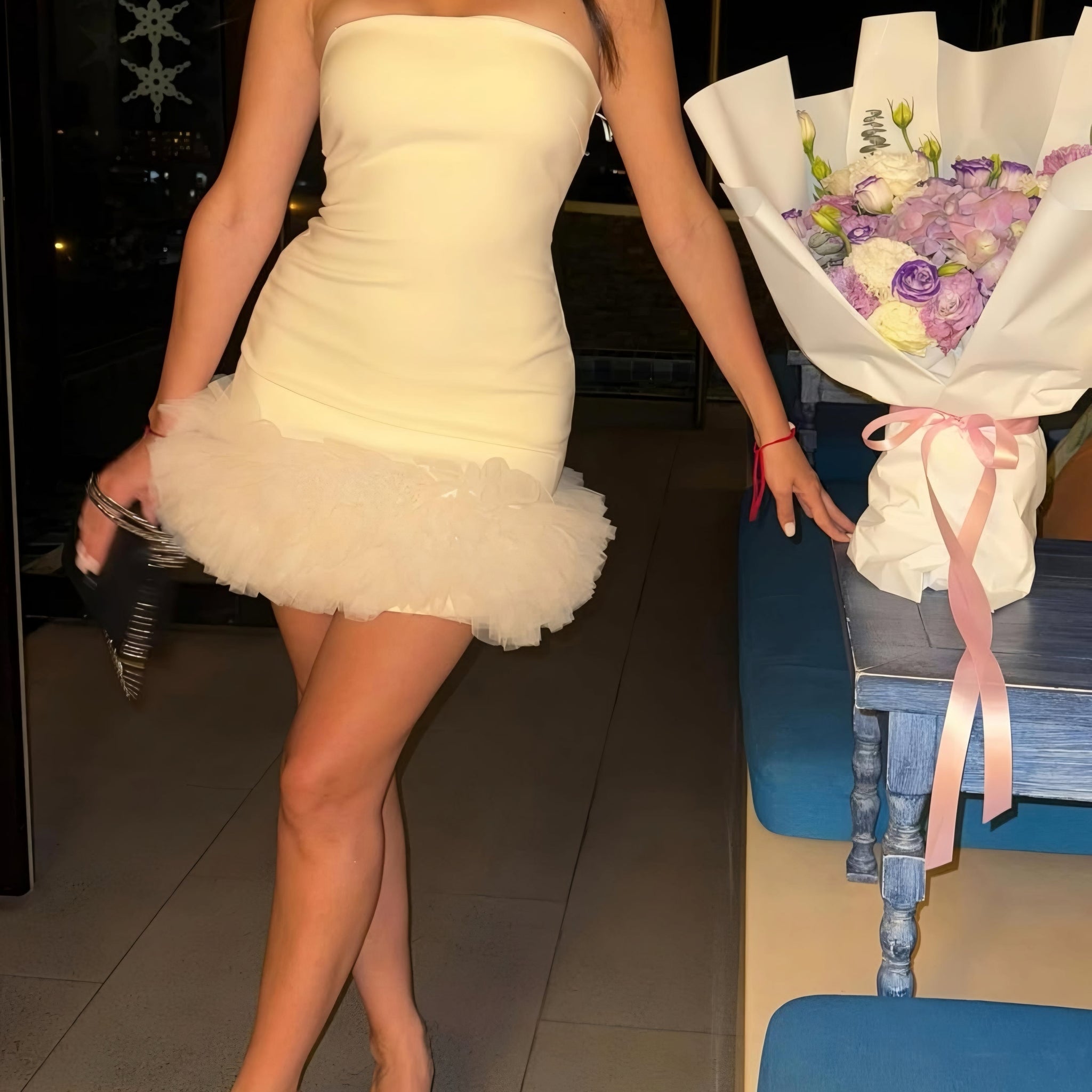 ⚡️(Fast Delivery) Ivory Strapless Tulle-Hem Mini Dress