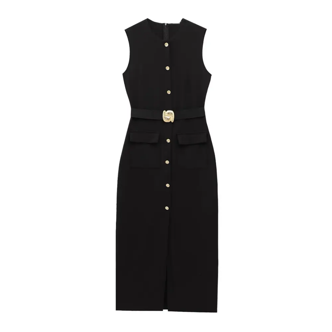 Luxe Noir Gold-Button Belted Dress